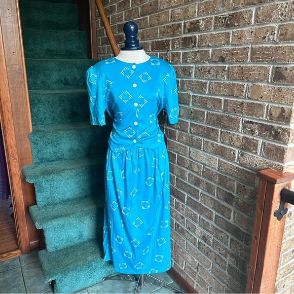 VTG 80s 90s Geometric Patterned Bright Blue Shirt & Skirt Set NWT - Picture 4 of 6